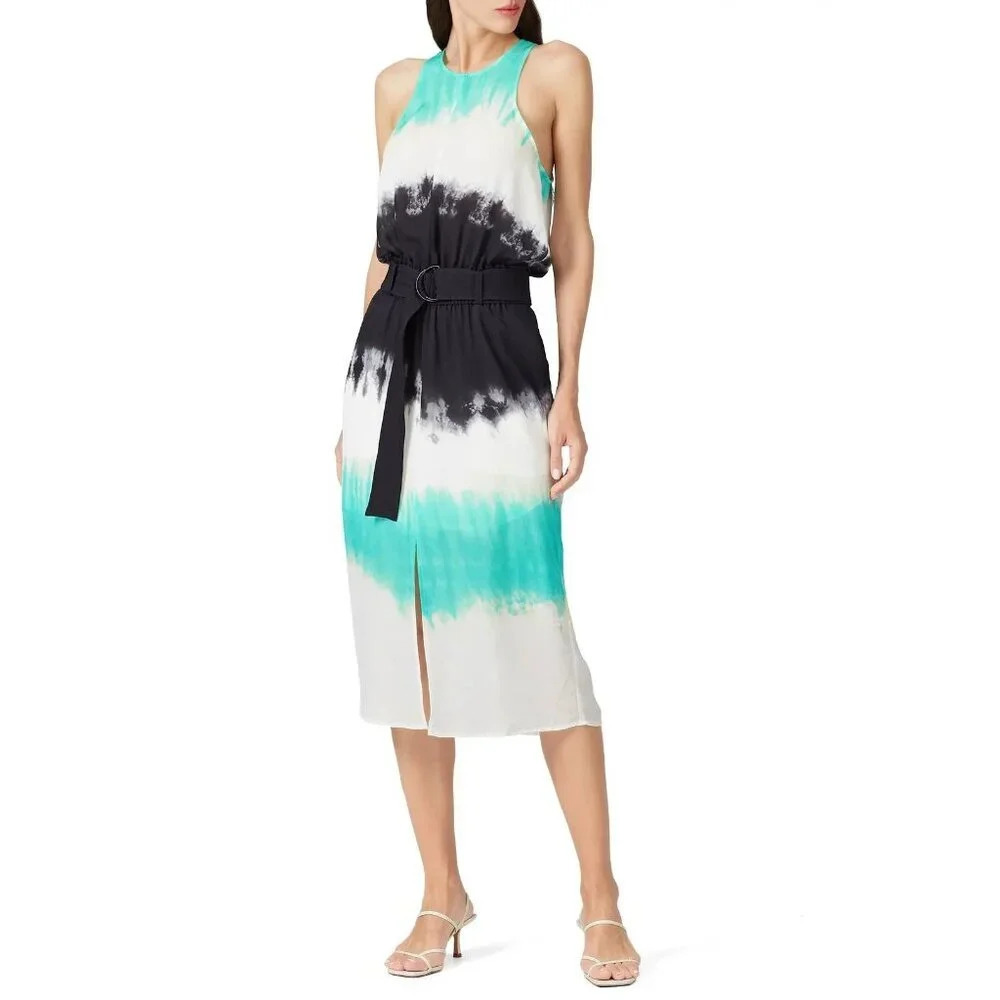 Tie-Dye Sleeveless Midi Dress in Teal, Black & White